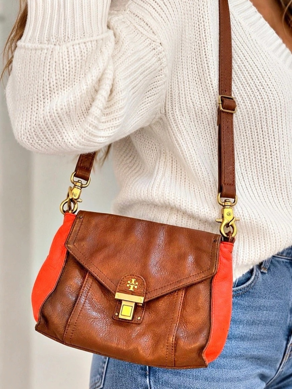 Tory Burch Leather Crossbody Bag in Brown & Orange